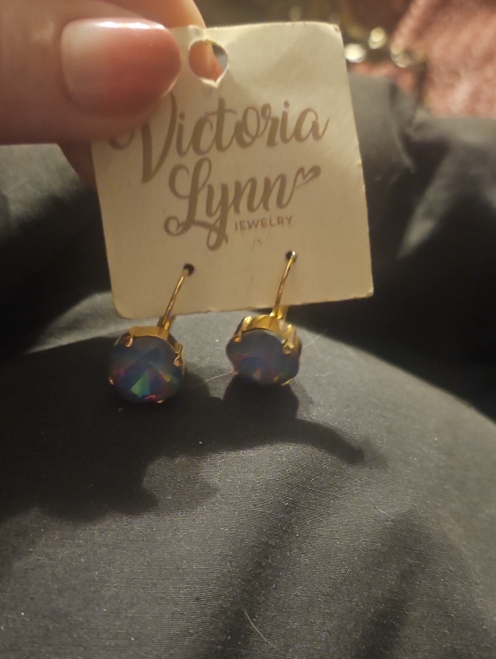 Victoria Lynn Gold-Tone Drop Earrings with Iridescent Blue and Purple Stones